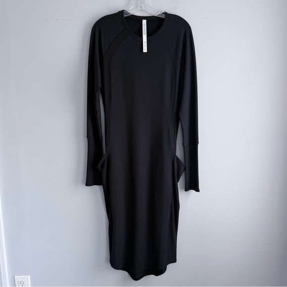 Lululemon Om and On Dress Black L Long Sleeve Midi Sheath Thumbholes Pockets - Picture 5 of 16